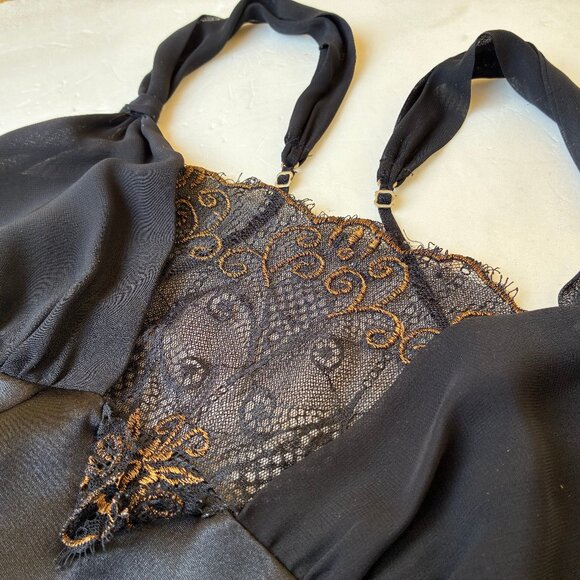 Flora Nikrooz Black Long Nightgown Gown Lace Adjust Strap Sheer Portion Tie sz L - Picture 13 of 16